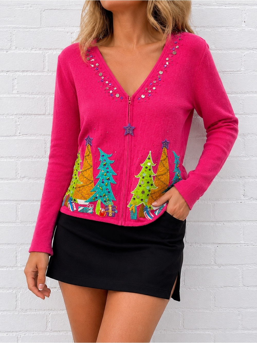 Vintage Tiara International Christmas Sweater Small Hot Pink Appliqué Beaded Zip